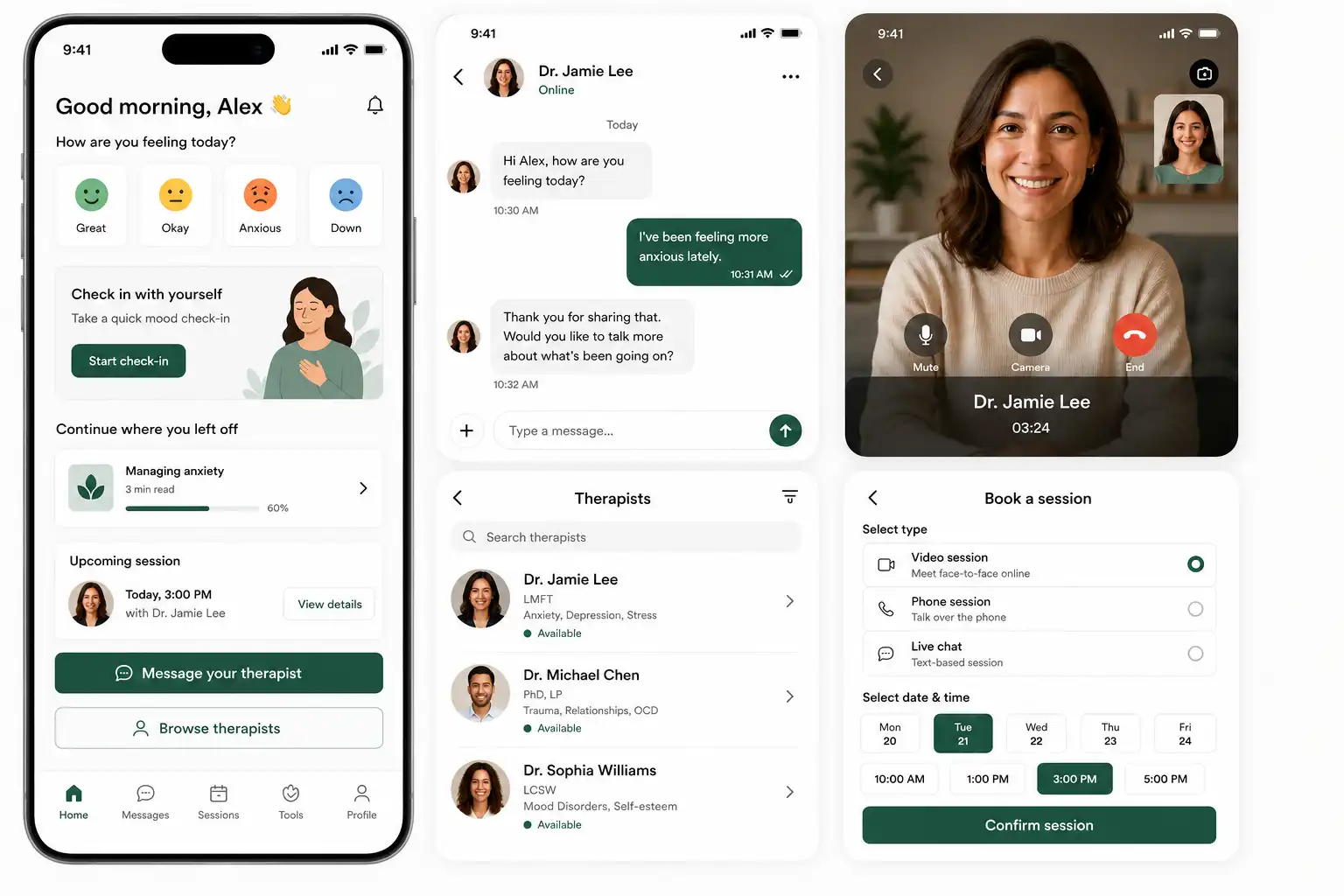 Therapy and counseling app interfaces (Emerline)