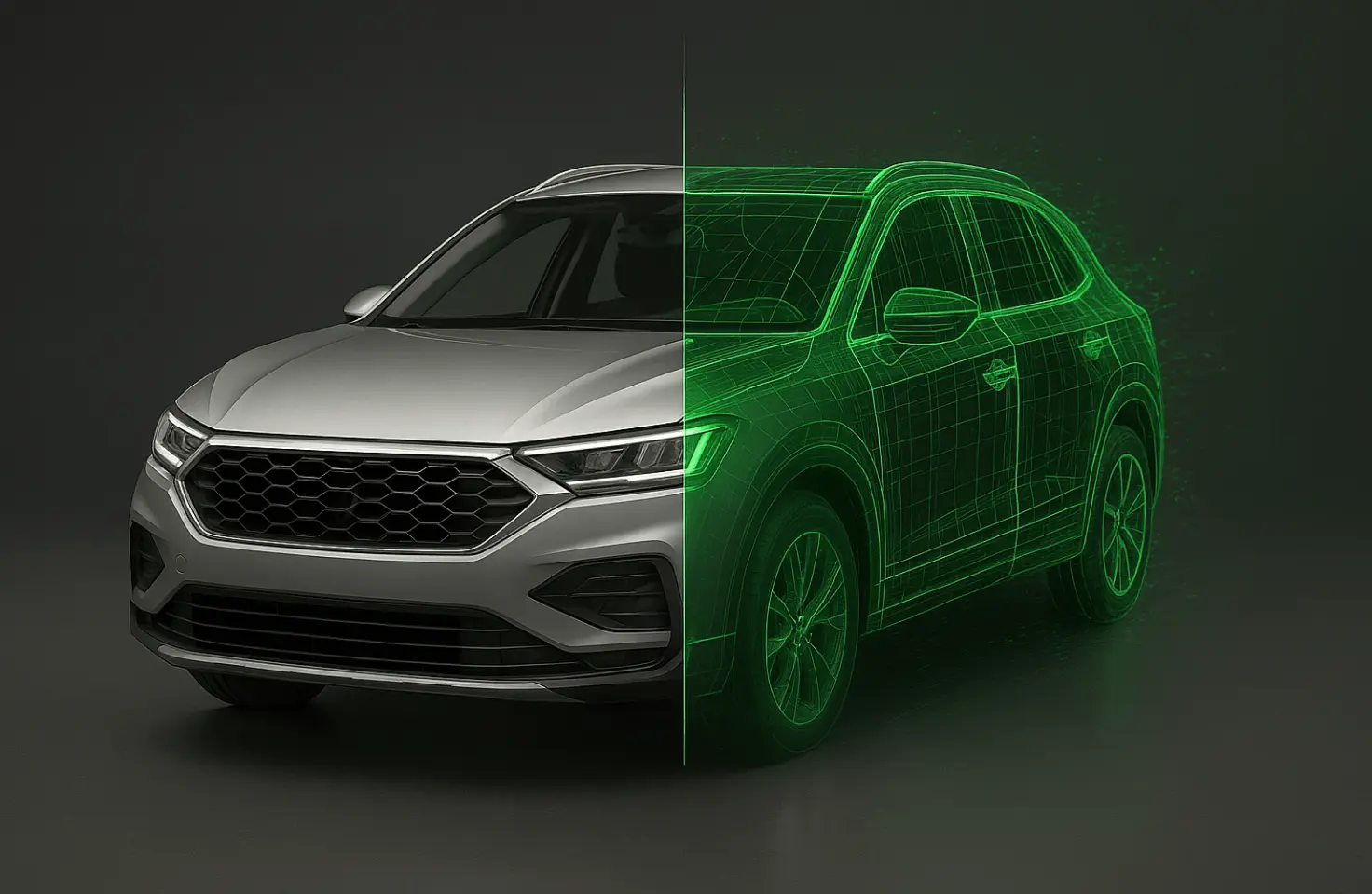 Digital twin of a car, split between physical and wireframe views