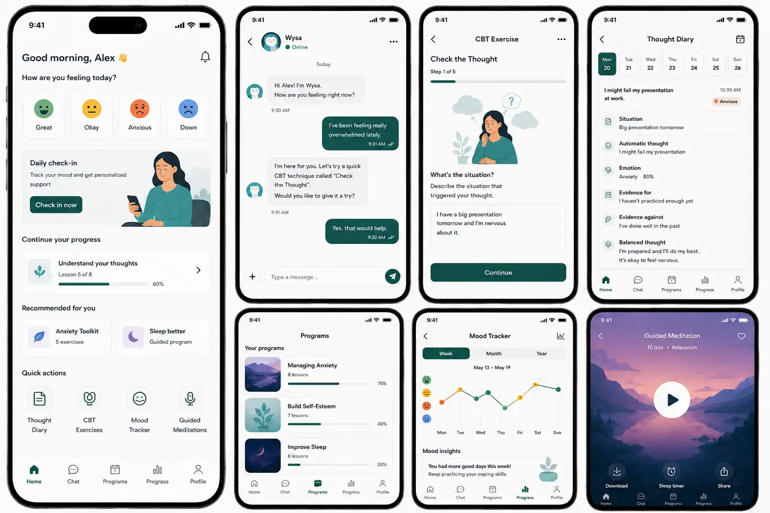 Cognitive behavioral therapy (CBT) app interfaces Emerline