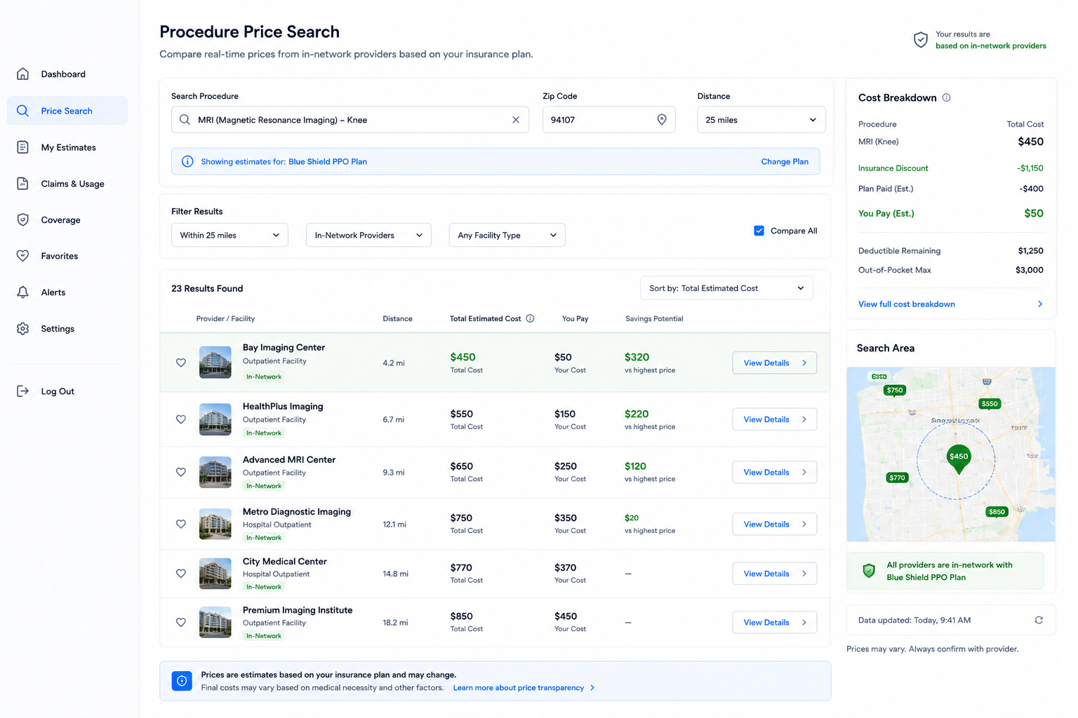 Real time price transparency engine interface