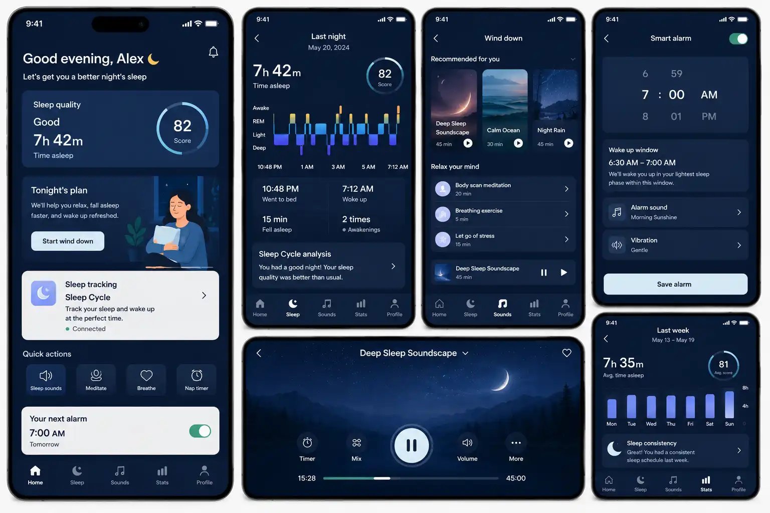 Sleep and relaxation app interfaces
