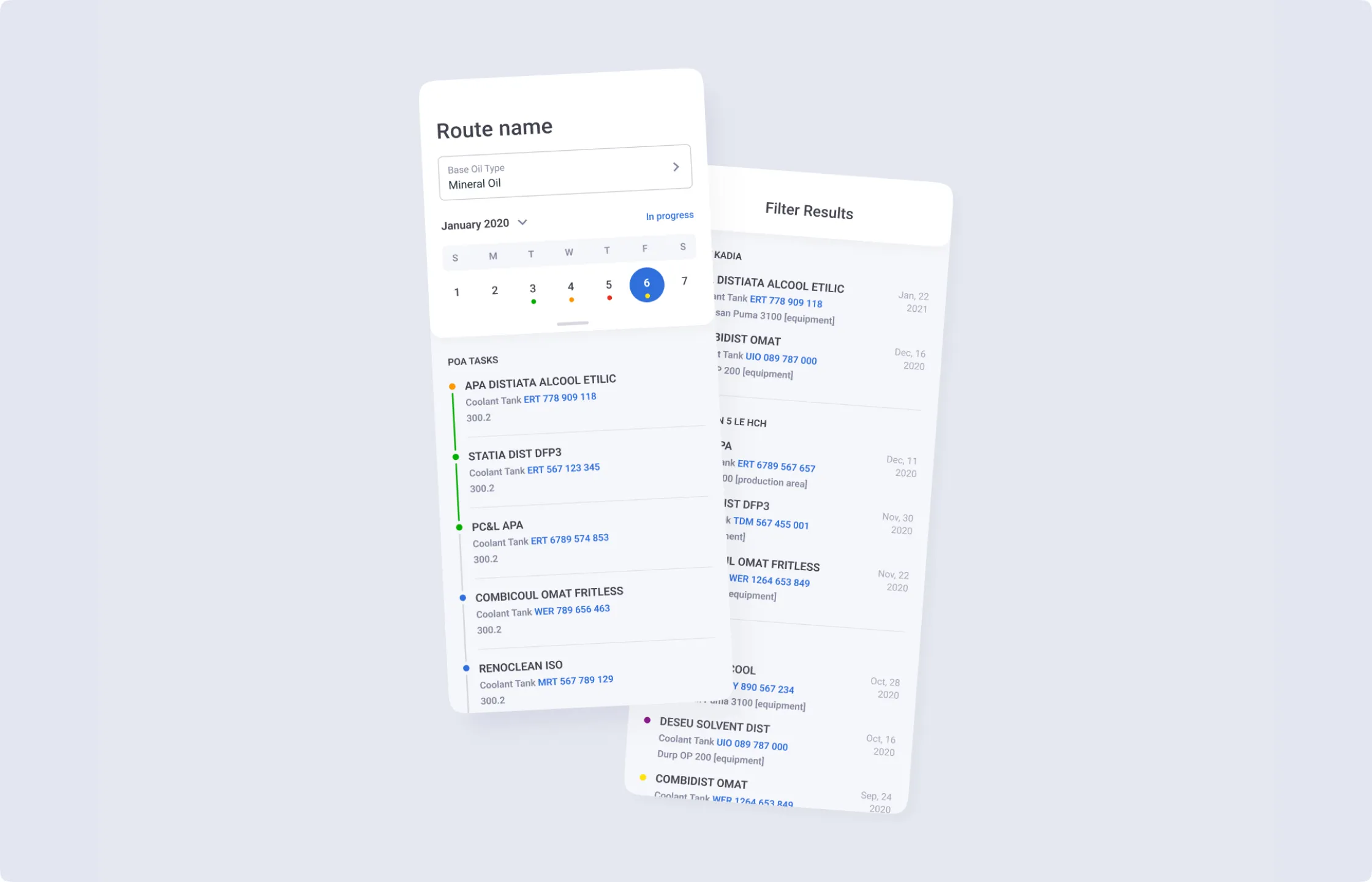 Mobile application interface displaying task management and data collection features for technicians, including a route calendar and task lists.