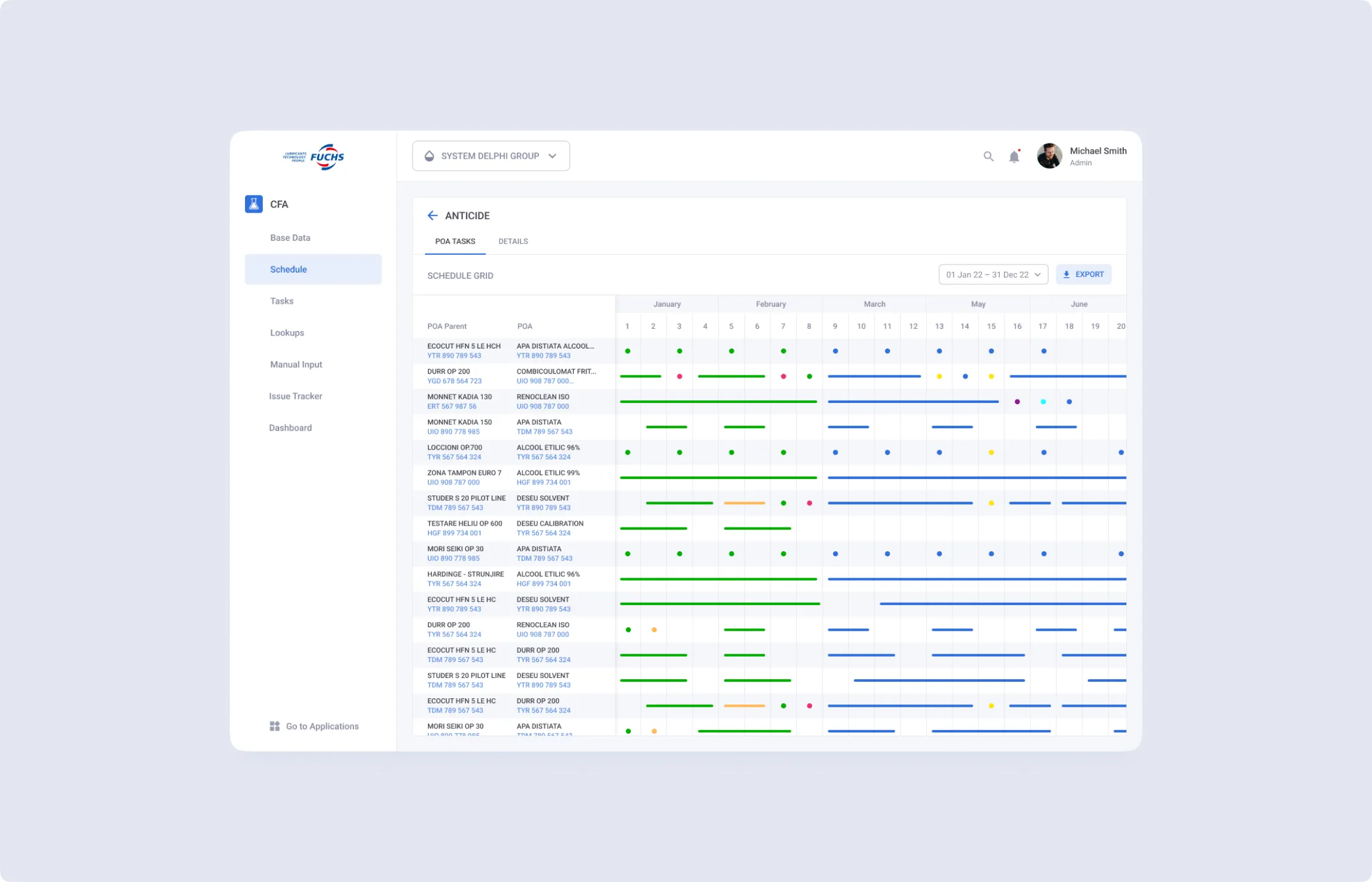 Screenshot of an ERP task management system for technicians by Emerline, featuring a visual schedule of recurring tasks and routes across a monthly timeline.