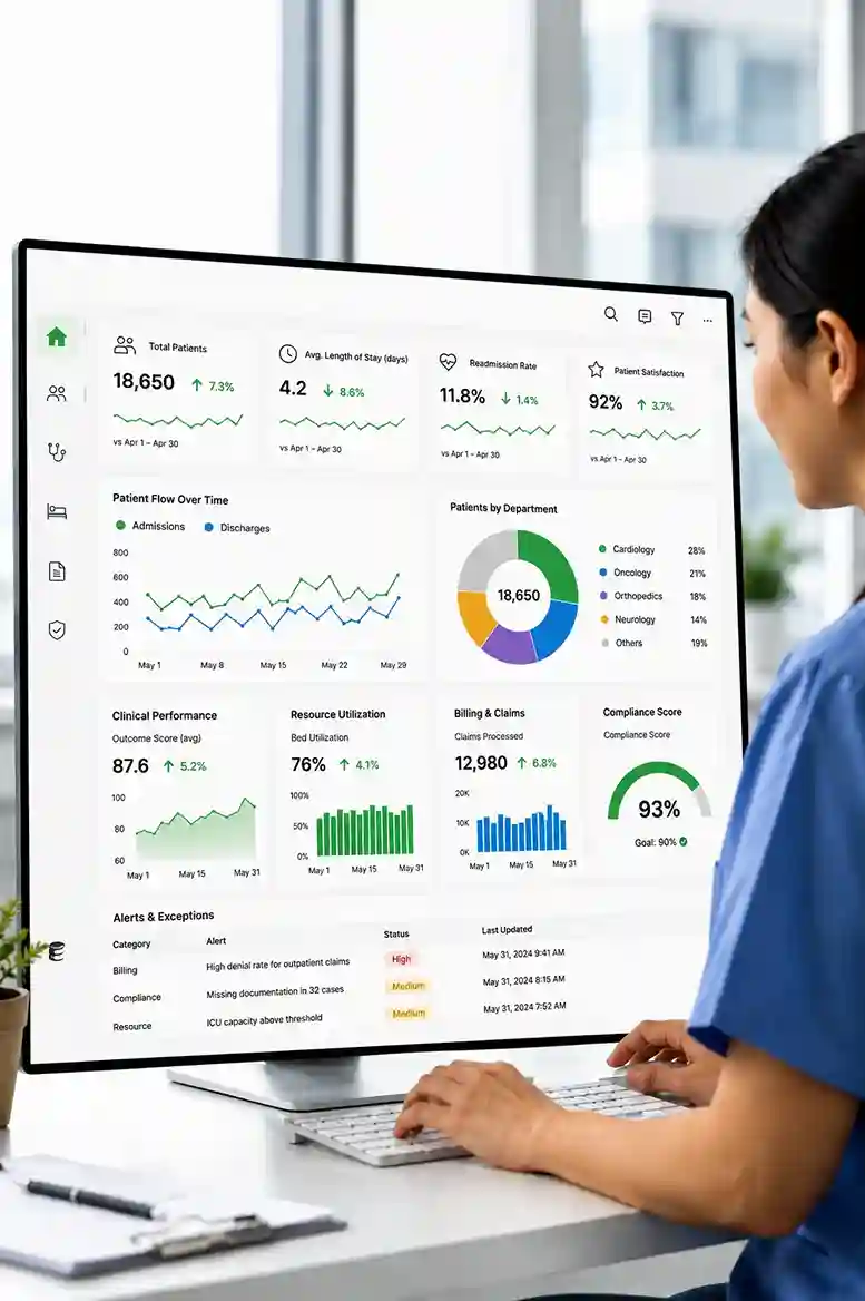 Healthcare analytics dashboard in Power BI showing patient flow trends, clinical performance KPIs, resource utilization, billing analytics, claims management, and compliance metrics